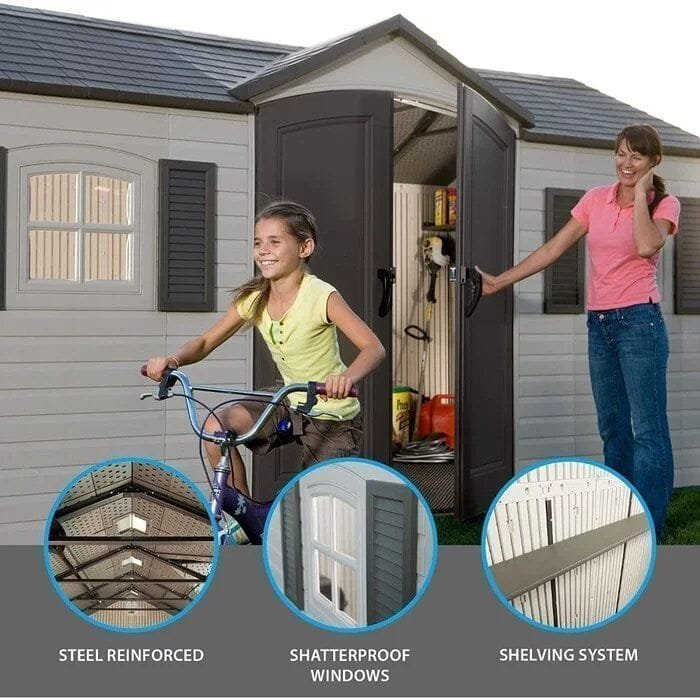 Side entry 15 ft. W x 8 ft. D plastic storage shed with assembly