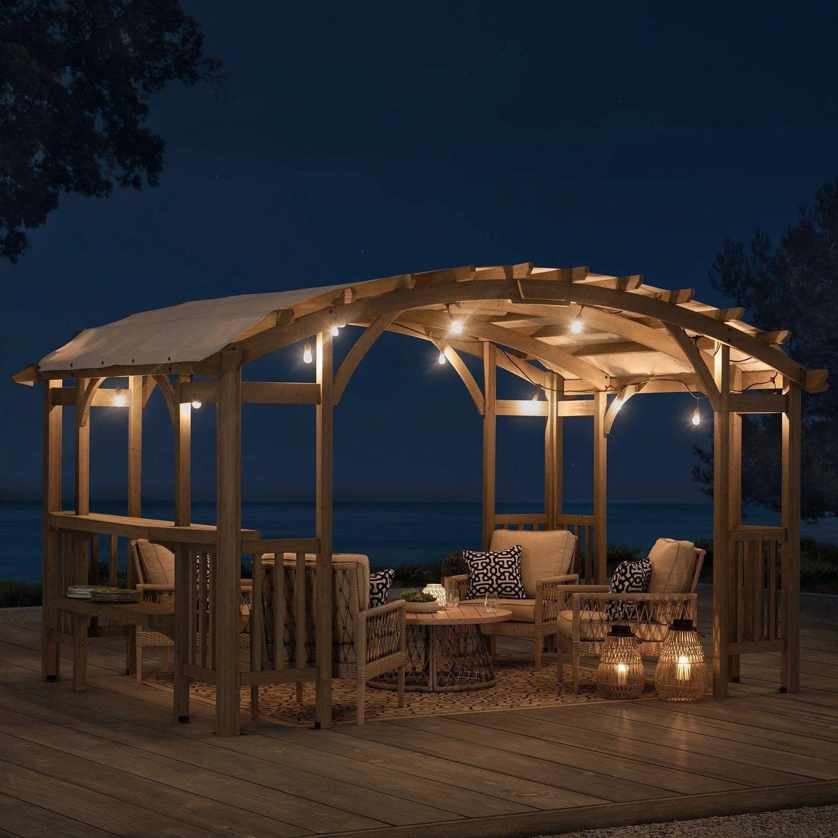 SummerCove 10 ft. x 14 ft. Light Gray Cedar Frame Arched Pergola with Shelves