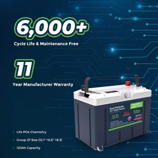 12V 120AH Group 27 LiFePO4 Battery Cranking &amp; Deep Cycle Lithium Battery (Dual Purpose)