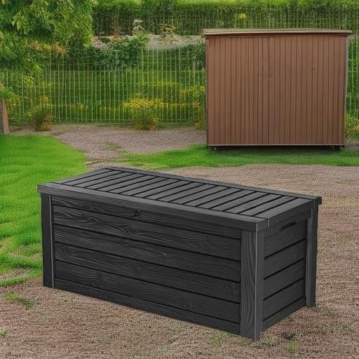 Keter Westwood 150-Gallon Resin Outdoor Storage Box | Weather-Resistant Deck Bin for Patio Cushions, Garden Tools &amp; Pool Accessories – Dark Grey