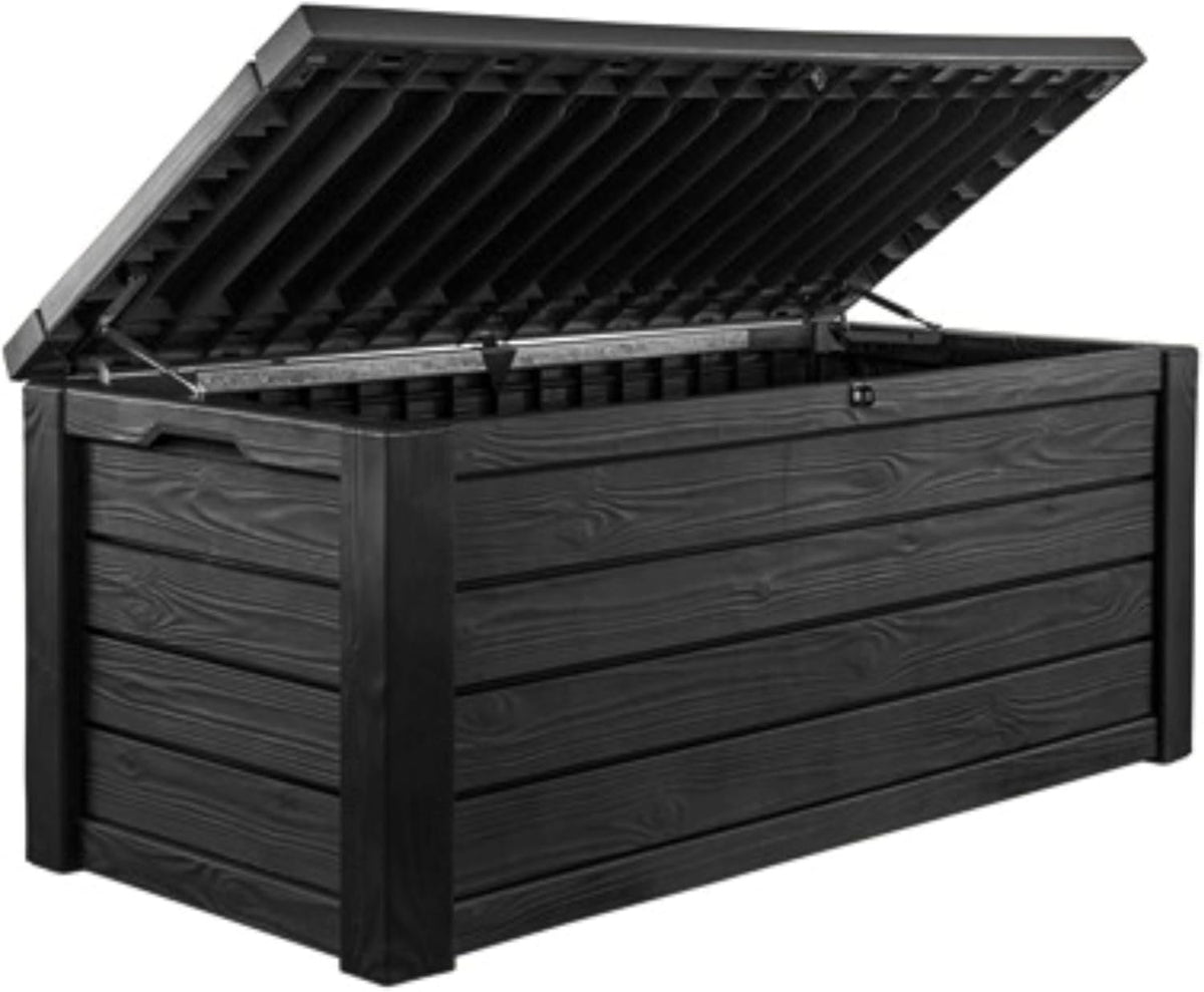 Keter Westwood 150-Gallon Resin Outdoor Storage Box | Weather-Resistant Deck Bin for Patio Cushions, Garden Tools &amp; Pool Accessories – Dark Grey