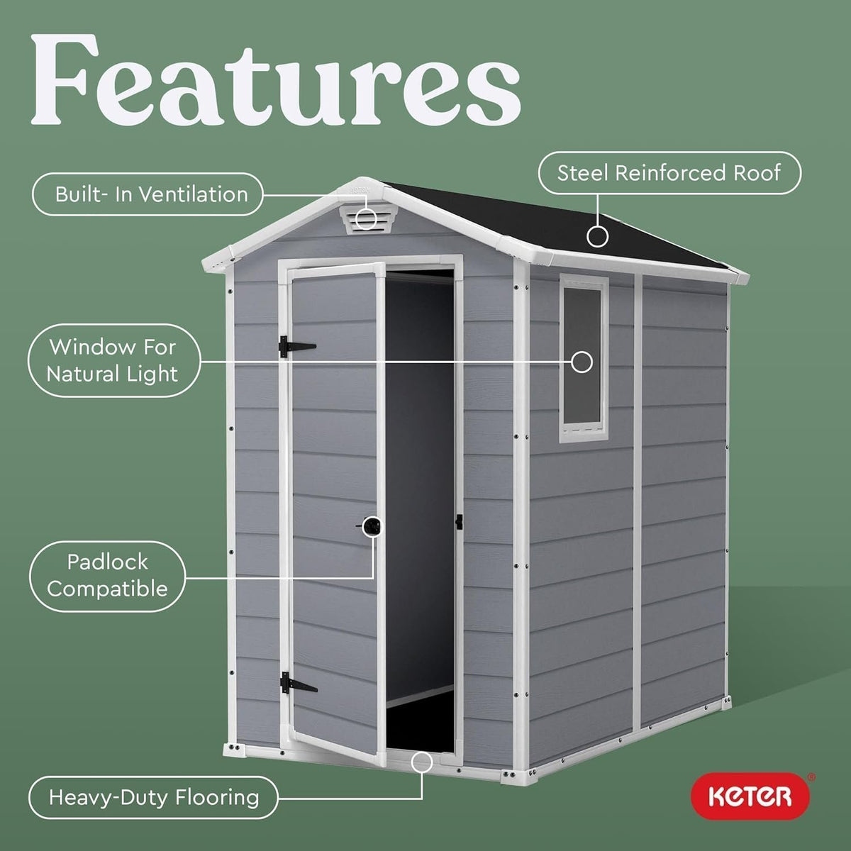 Keter Manor 4×6 Resin Outdoor Storage Shed Kit-Perfect to Store Patio Furniture, Garden Tools Bike Accessories, Beach Chairs and Lawn Mower, Grey &amp; White