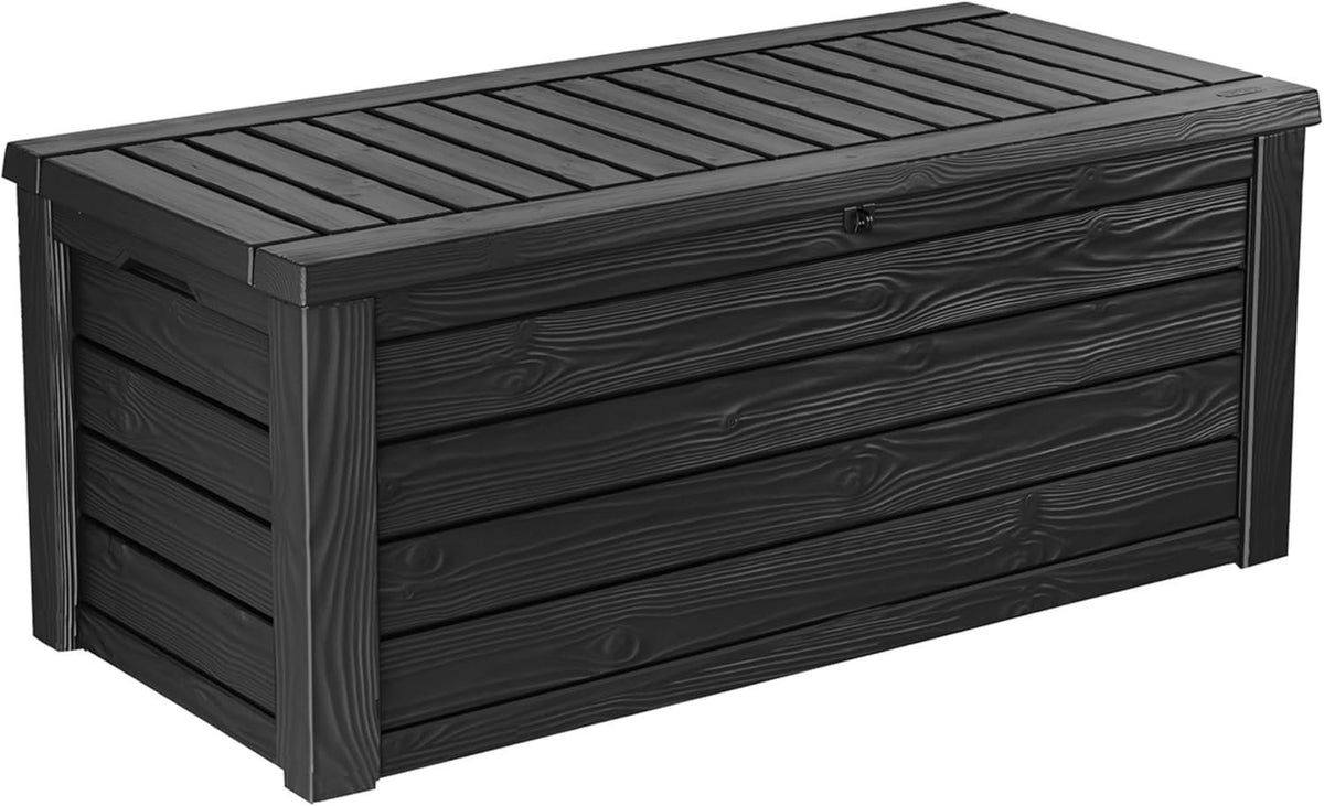 Keter Westwood 150-Gallon Resin Outdoor Storage Box | Weather-Resistant Deck Bin for Patio Cushions, Garden Tools &amp; Pool Accessories – Dark Grey