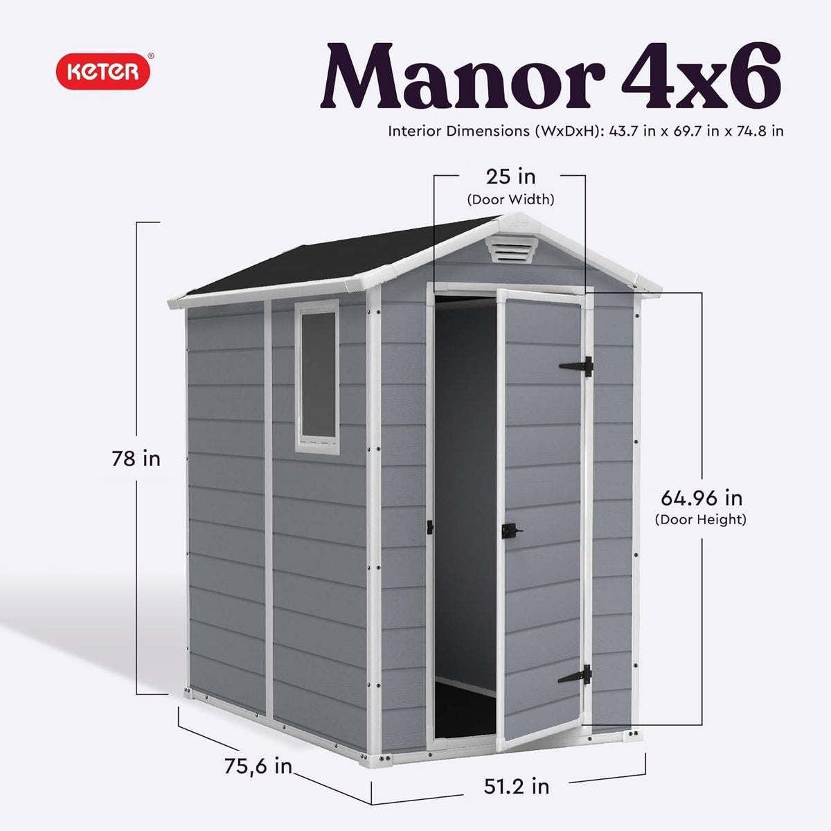 Keter Manor 4×6 Resin Outdoor Storage Shed Kit-Perfect to Store Patio Furniture, Garden Tools Bike Accessories, Beach Chairs and Lawn Mower, Grey &amp; White
