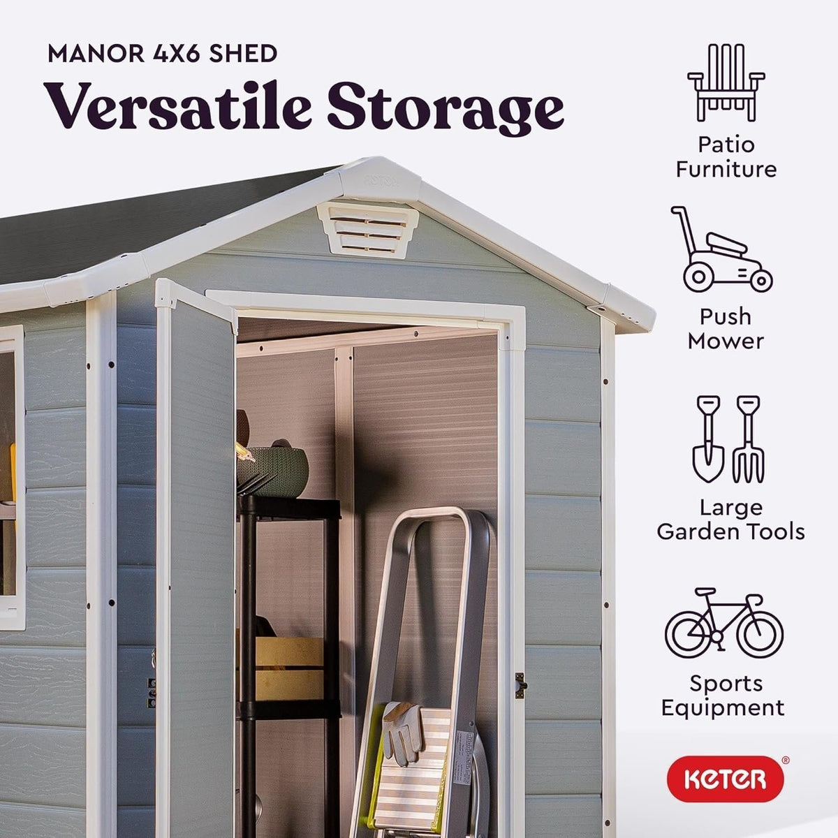 Keter Manor 4×6 Resin Outdoor Storage Shed Kit-Perfect to Store Patio Furniture, Garden Tools Bike Accessories, Beach Chairs and Lawn Mower, Grey &amp; White