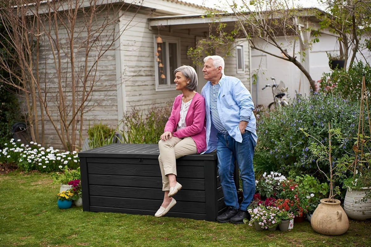 Keter Westwood 150-Gallon Resin Outdoor Storage Box | Weather-Resistant Deck Bin for Patio Cushions, Garden Tools &amp; Pool Accessories – Dark Grey