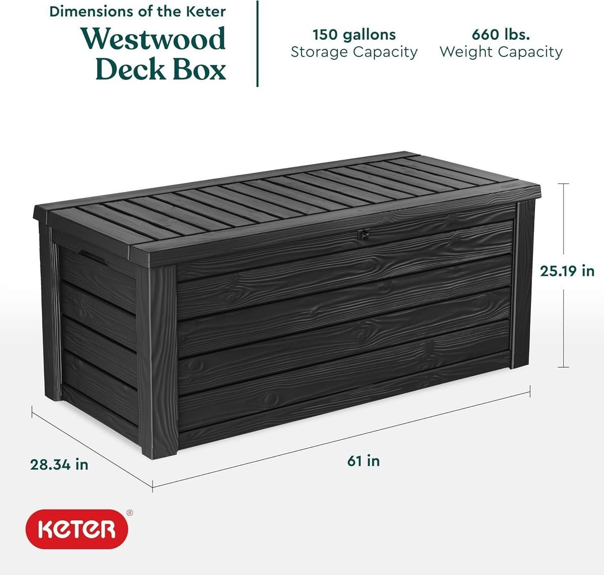 Keter Westwood 150-Gallon Resin Outdoor Storage Box | Weather-Resistant Deck Bin for Patio Cushions, Garden Tools &amp; Pool Accessories – Dark Grey