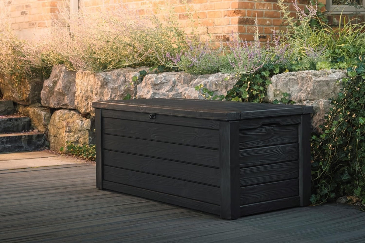 Keter Westwood 150-Gallon Resin Outdoor Storage Box | Weather-Resistant Deck Bin for Patio Cushions, Garden Tools & Pool Accessories – Dark Grey