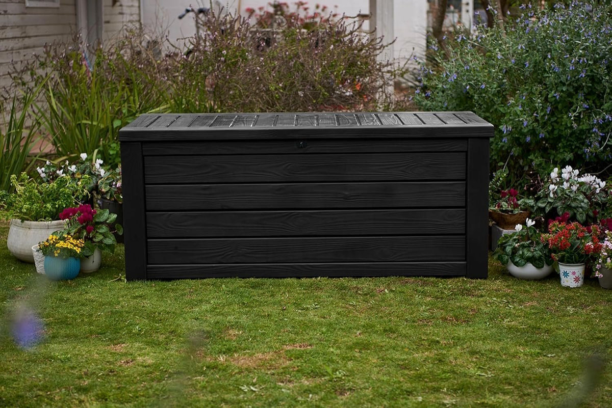 Keter Westwood 150-Gallon Resin Outdoor Storage Box | Weather-Resistant Deck Bin for Patio Cushions, Garden Tools & Pool Accessories – Dark Grey