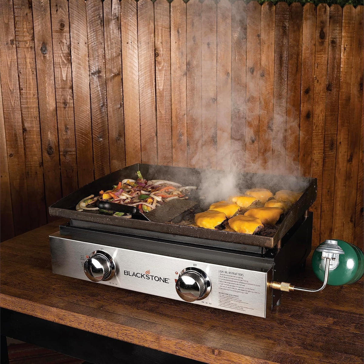 Blackstone 22″ Portable Tabletop Griddle – Dual Burner Flat Top Grill, 24,000 BTU Propane with Stainless Steel Faceplate &amp; Rear Grease System