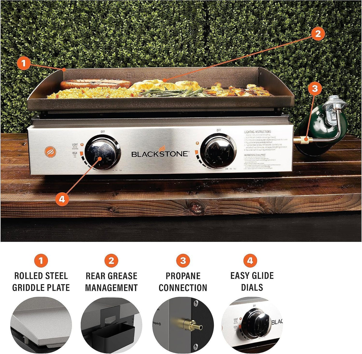 Blackstone 22″ Portable Tabletop Griddle – Dual Burner Flat Top Grill, 24,000 BTU Propane with Stainless Steel Faceplate &amp; Rear Grease System