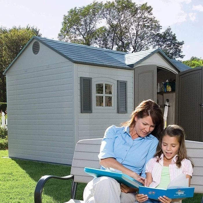Side entry 15 ft. W x 8 ft. D plastic storage shed with assembly