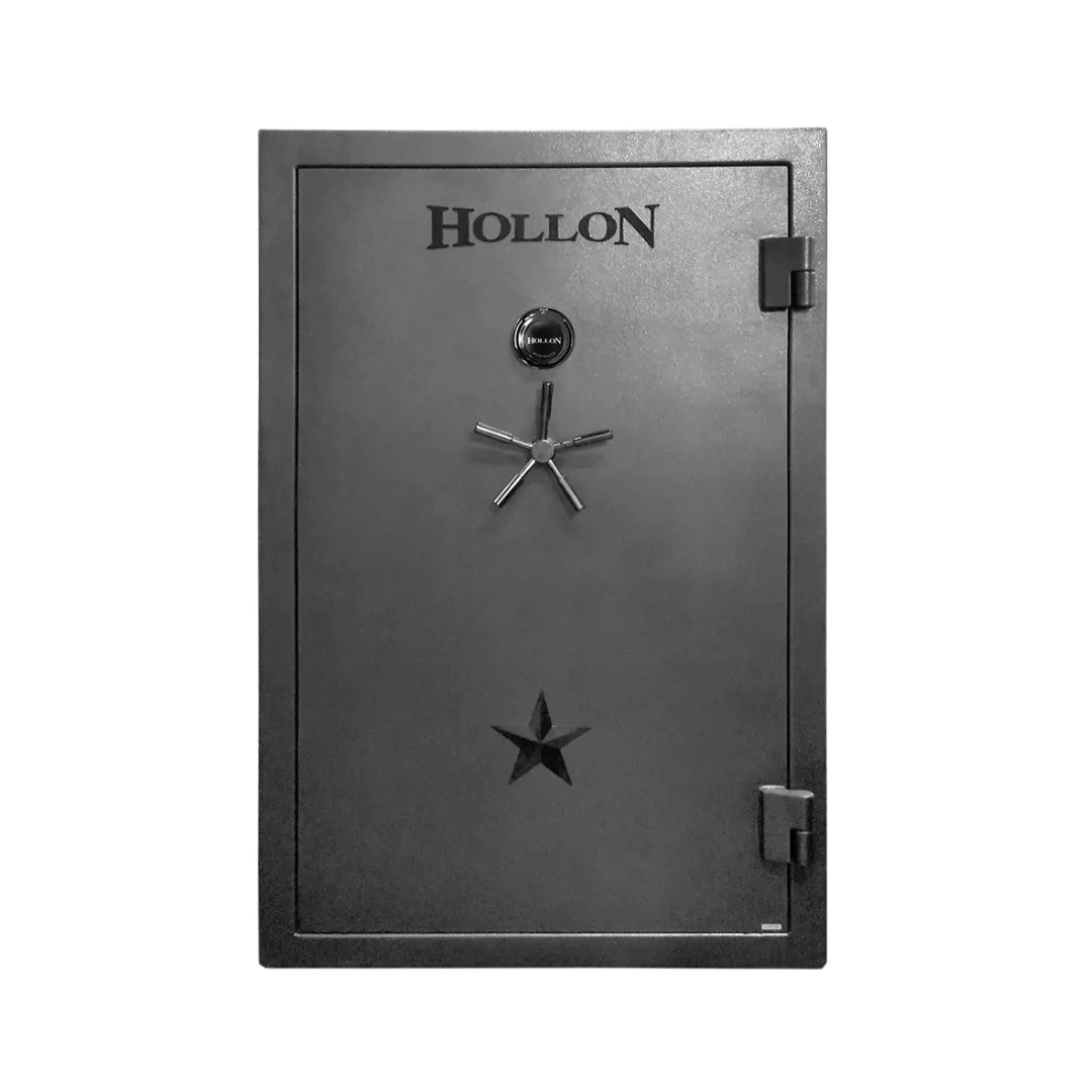 Closeup of the Hollon RG-39C Republic Series gun safe in a basement surrounded by books on shelves