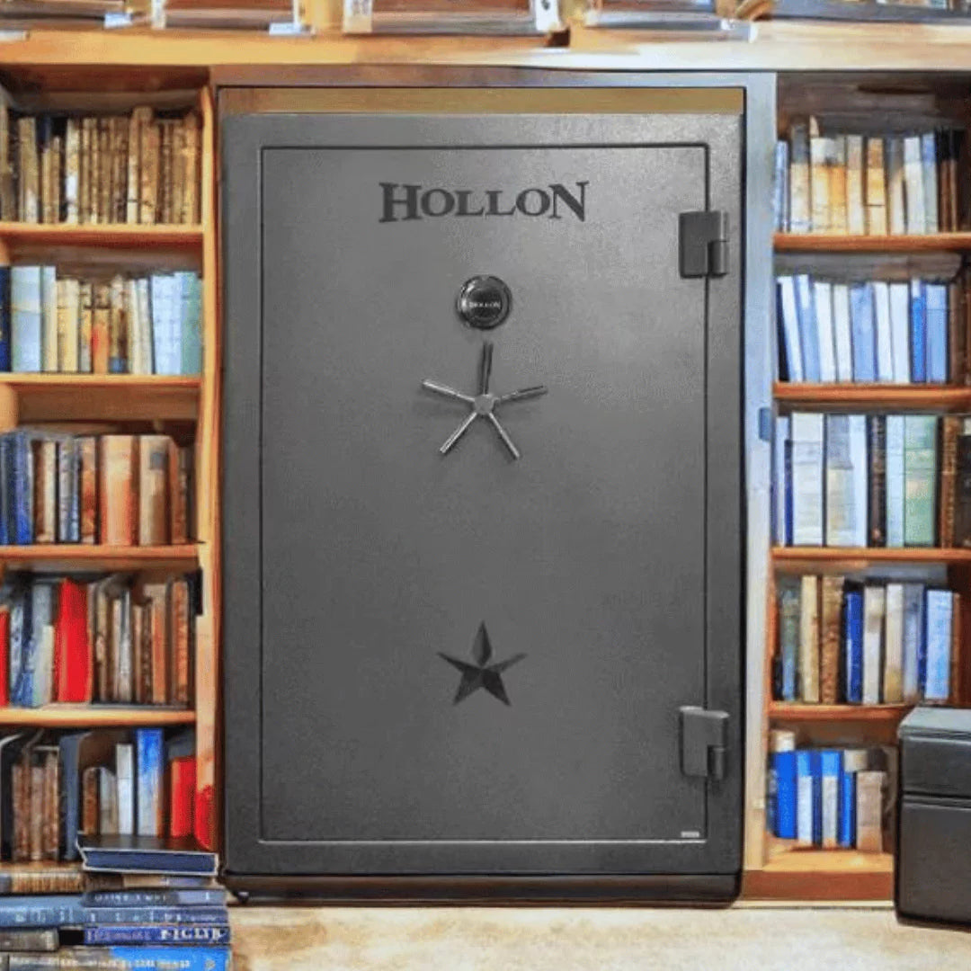 Closeup of the Hollon RG-39C Republic Series gun safe in a basement surrounded by books on shelves