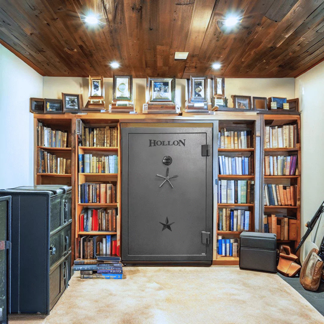Hollon RG-39C Republic Series gun safe in a basement surrounded by books on shelves