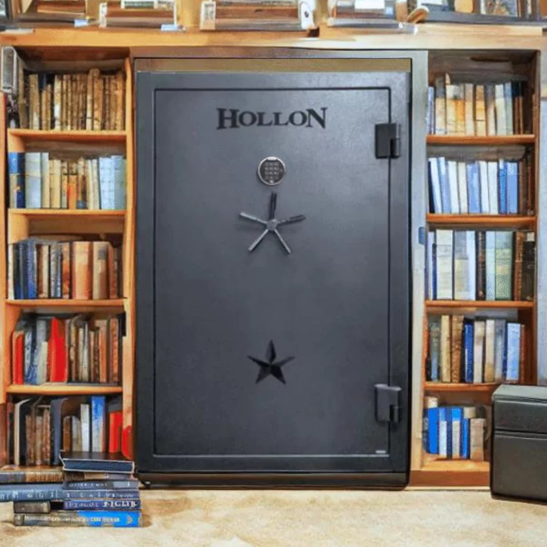 Closeup of the Hollon RG-39E Republic Series gun safe in a basement surrounded by books on shelves