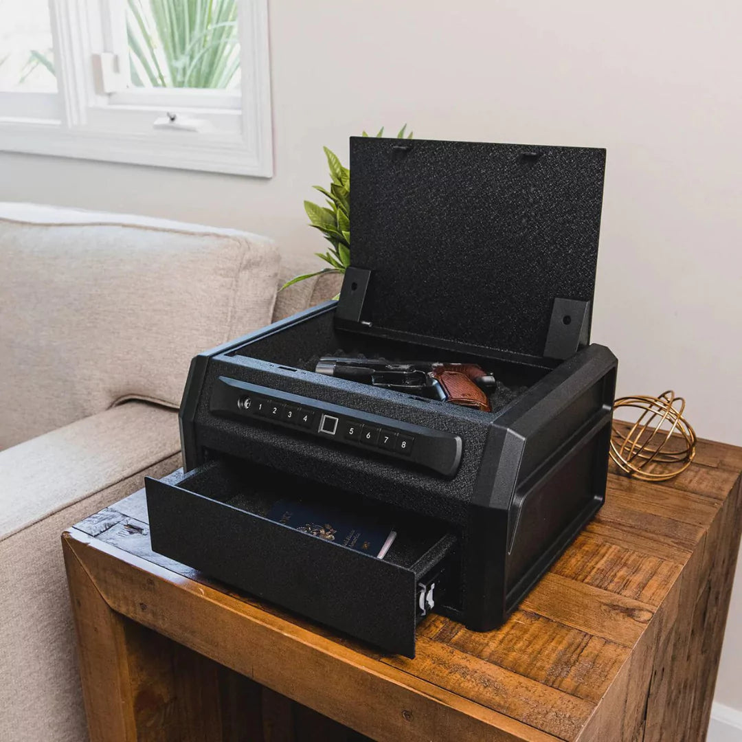 RPNB RP19002 Two Compartment Handgun Safe with Biometric Fingerprint Lock on a wooden table