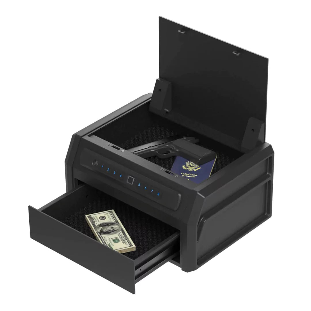 RPNB RP19002 Two Compartment Handgun Safe with Biometric Fingerprint Lock on a wooden table