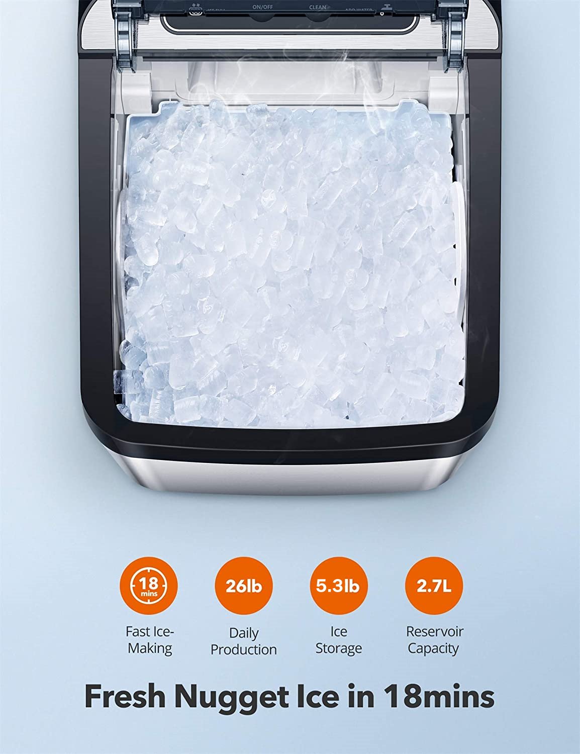 Aicook Countertop Nugget Ice Maker 26 lbs. Portable Sonic Ice Machine with Self-Cleaning