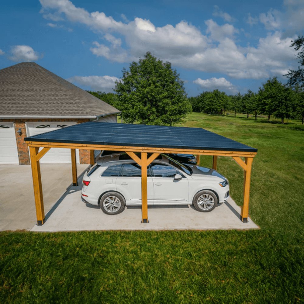 Backyard Discovery Kingsport 20' x 20' Cedar Wood Carport Heavy-Duty Outdoor Vehicle Shelter with Black Steel Roof and PowerPort