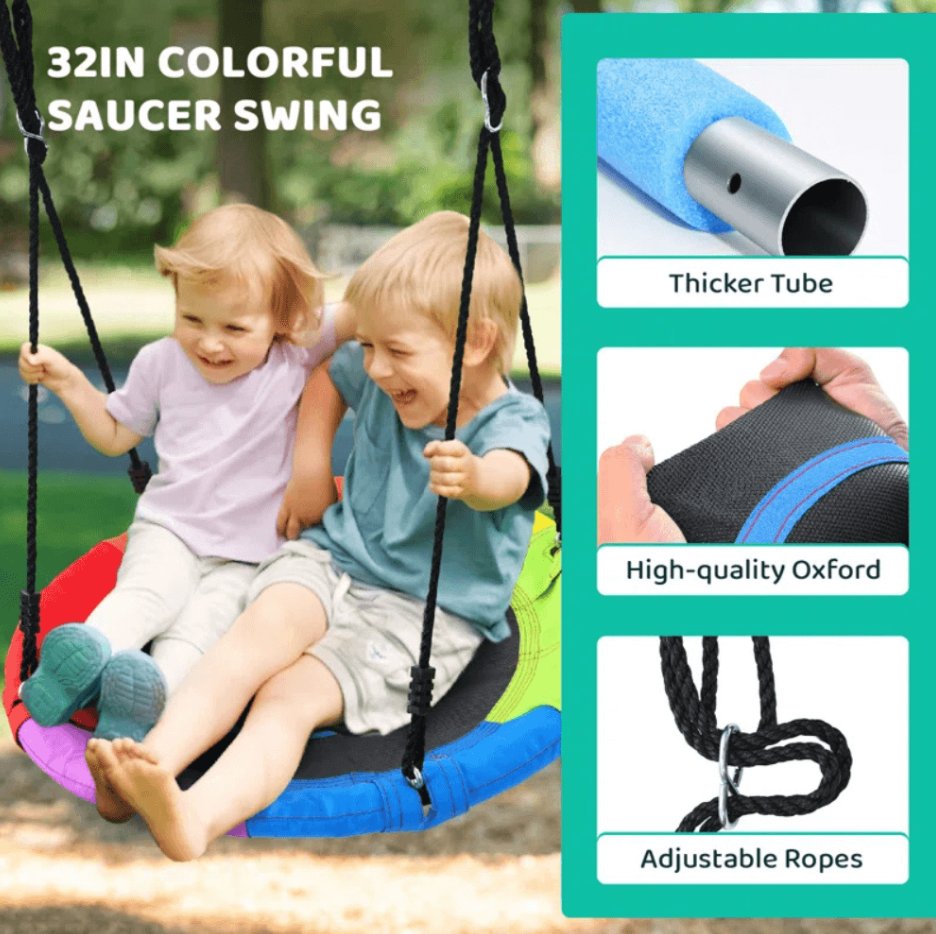 Designasofa 9.5 Ft. Heavy-Duty Metal Outdoor Swing Set with Saucer Swing and 2 Swings