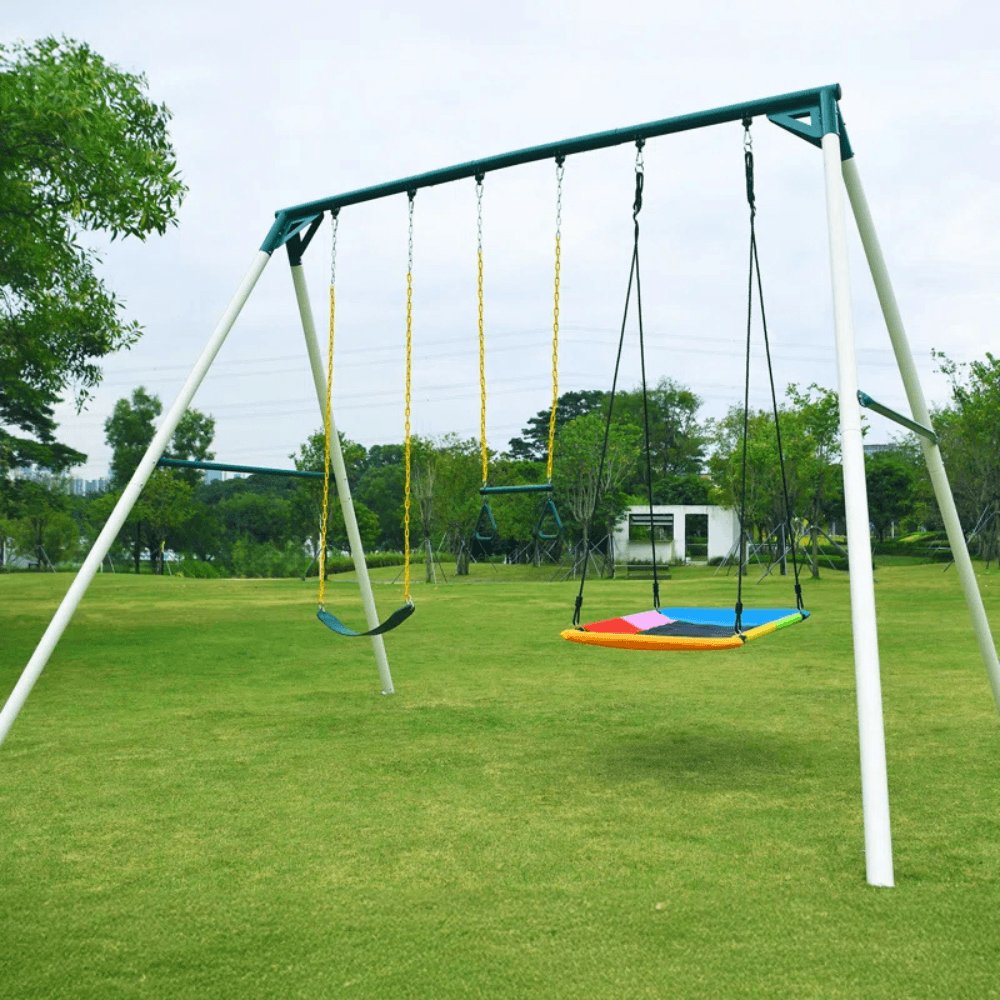 Designasofa 9.5 Ft. Heavy-Duty Metal Swing Set with Belt Swing and Trapeze Bar