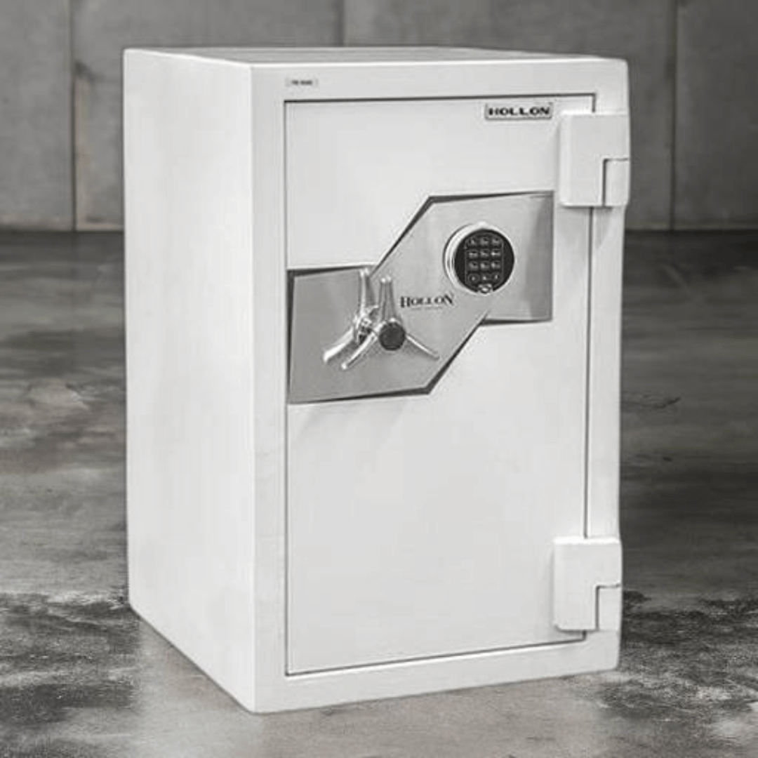 Hollon Oyster FB-845E Fire & Burglary Safe with the door closed on a concrete floor